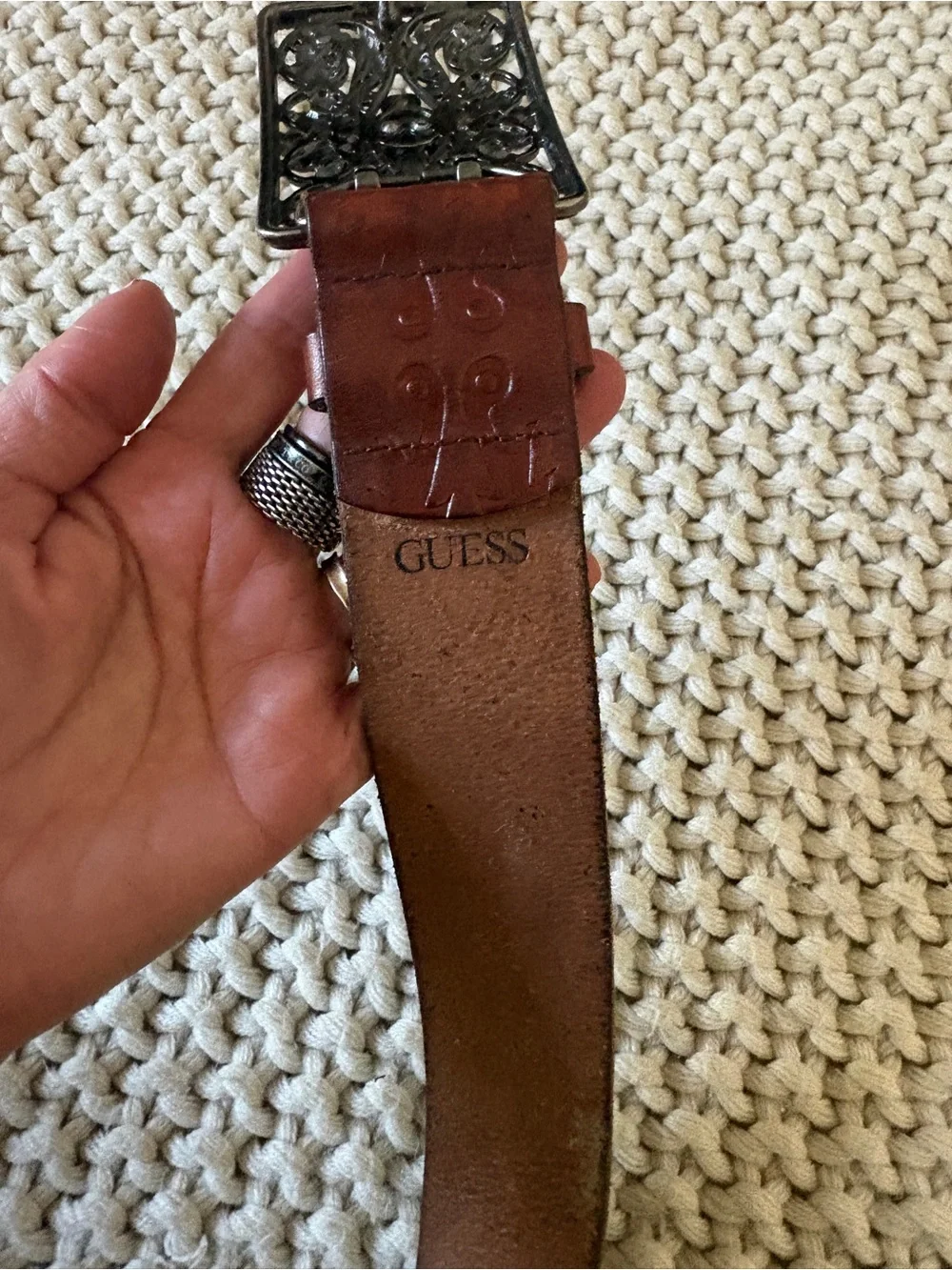 Guess Embossed Brown Leather Belt with Ornate Silver Buckle